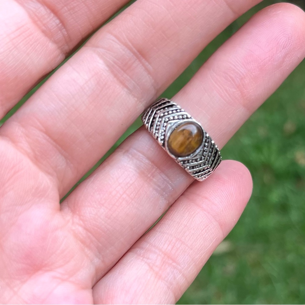 Tiger’s Eye Silver Plated Statement Ring Boho Size 5.5/6